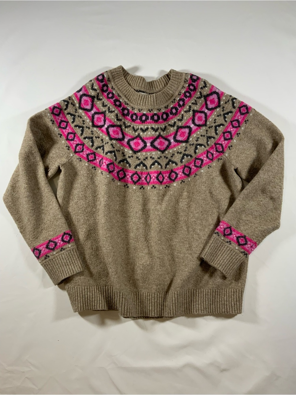 LOFT Taupe Crewneck Sweater with Pink Fair Isle Yoke